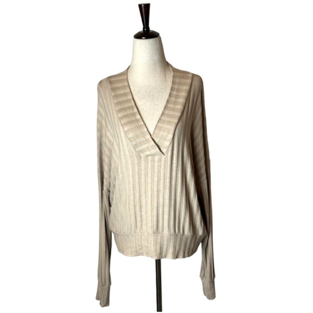 LNA Sweater‎ Women Small Tan Wide Ribbed Knit Crossover V Neck Pullover
